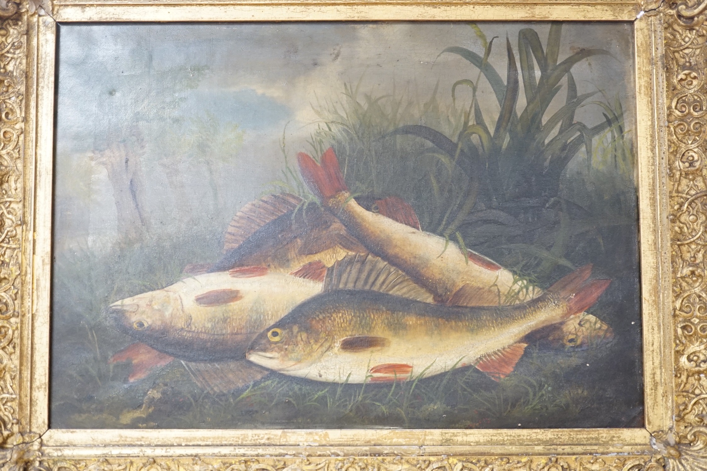 Victorian School, oil on canvas, Still life of fish upon a riverbank, 29 x 42cm, and a later oil sketch of fruit